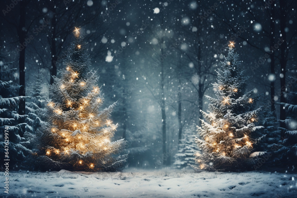 AI-generated Greeting Card, Merry Christmas and Happy Holidays with Decorated Christmas Tree in Winter Forest
