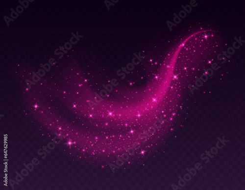 Pink dust cloud with sparkles isolated on dark background. Stardust sparkling background. Glowing glitter smoke or splash. Vector illustration. Christmas or Valentines Day romantic decoration.