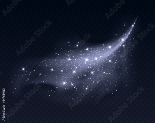 Silver dust cloud with sparkles isolated on dark background. Stardust sparkling background. Glowing glitter smoke or splash. Vector illustration. Christmas decoration.