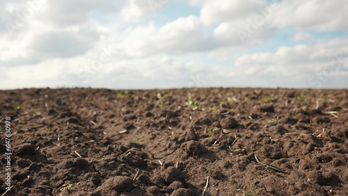 Agricultural landscape arable field. business agriculture concept. walk on brown black soil arable a land. preparation for sowing crops in agriculture landscape motion steadicam. farming crop field photo