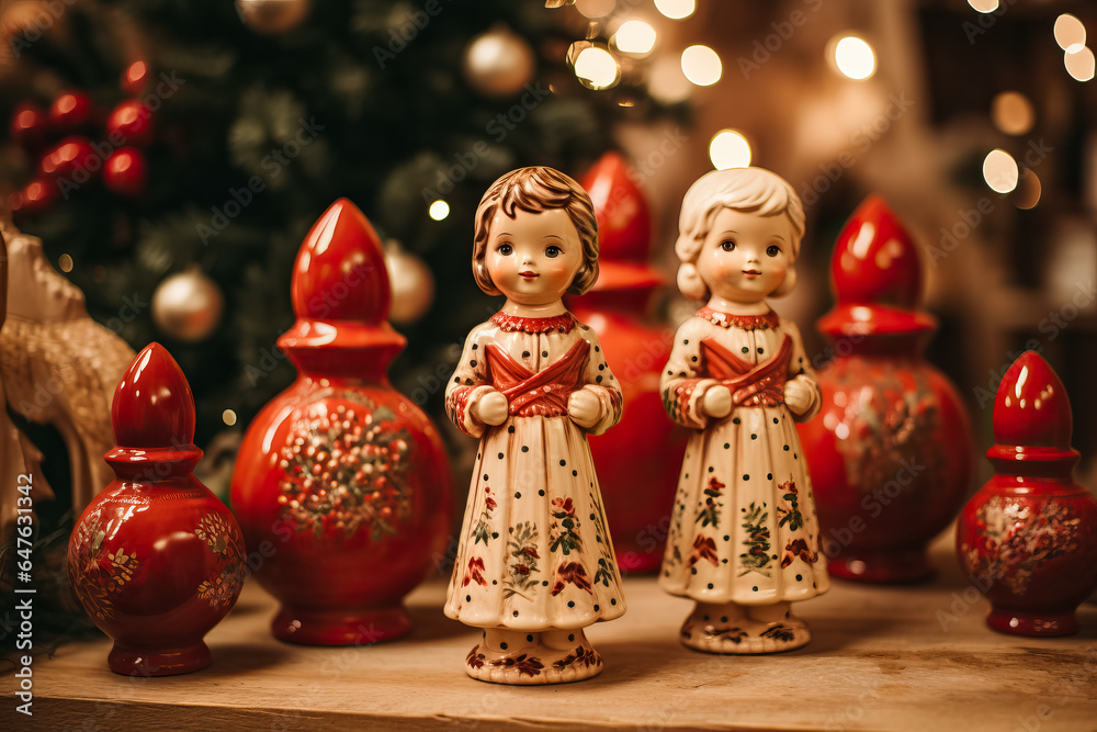 Fototapeta premium Charming ceramic figurines reflecting a classic vintage Christmas nestled amidst the festive decor
