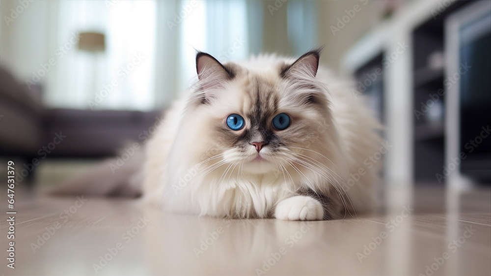 Fluffy Ragdoll cat stretching on a soft carpet, showing off its blue eyes and white paws