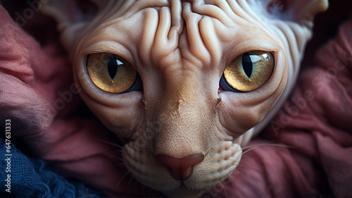 Close - up of a Sphynx cat's unique wrinkled skin and intense eyes, giving a mysterious aura
