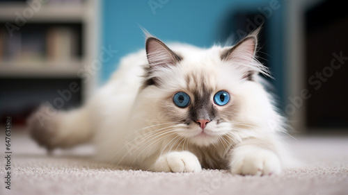 Fluffy Ragdoll cat stretching on a soft carpet, showing off its blue eyes and white paws © Artyom