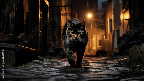 Feral cat prowling the alleyways, its independence and wild spirit evident in its stride