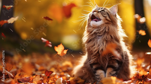 Maine Coon cat playfully batting at falling autumn leaves, a seasonal dance of joy