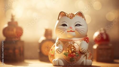 Maneki - neko, the lucky cat statue, with its raised paw, set against a backdrop of ancient scrolls