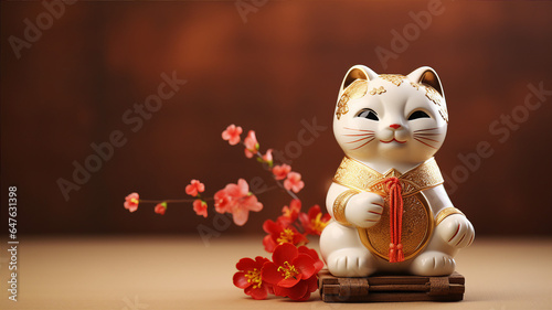 Maneki - neko, the lucky cat statue, with its raised paw, set against a backdrop of ancient scrolls