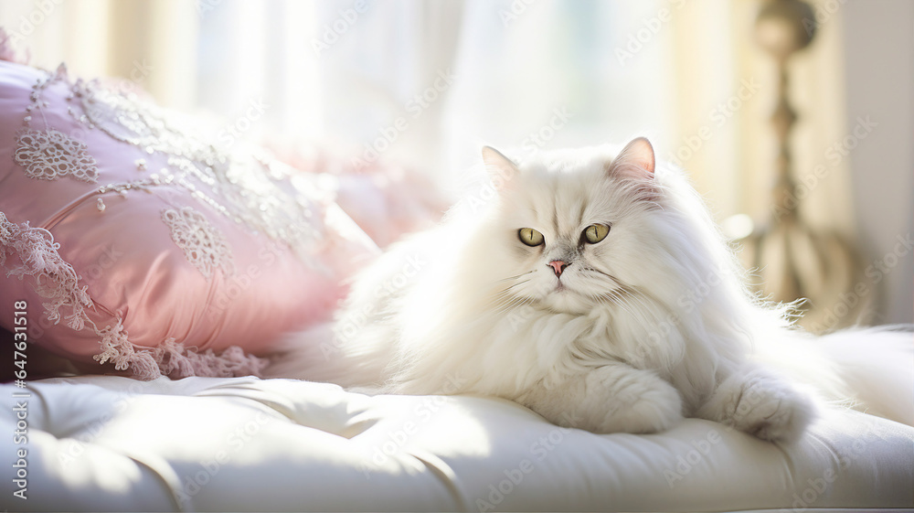 White Persian cat luxuriously sprawled on a velvet cushion in a sunlit room
