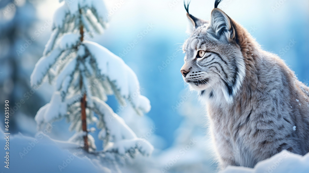 A wild lynx, its tufted ears perked, camouflaged against the snowy wilderness, watching intently A wild lynx, its tufted ears perked, camouflaged against the snowy wilderness, watching intently