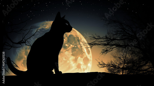 A cat s silhouette against a full moon  a hauntingly beautiful scene of nocturnal stillness