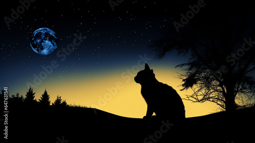 A cat's silhouette against a full moon, a hauntingly beautiful scene of nocturnal stillness