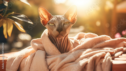 A hairless Sphynx cat enjoying a warm sunbath, its textured skin absorbing the golden rays