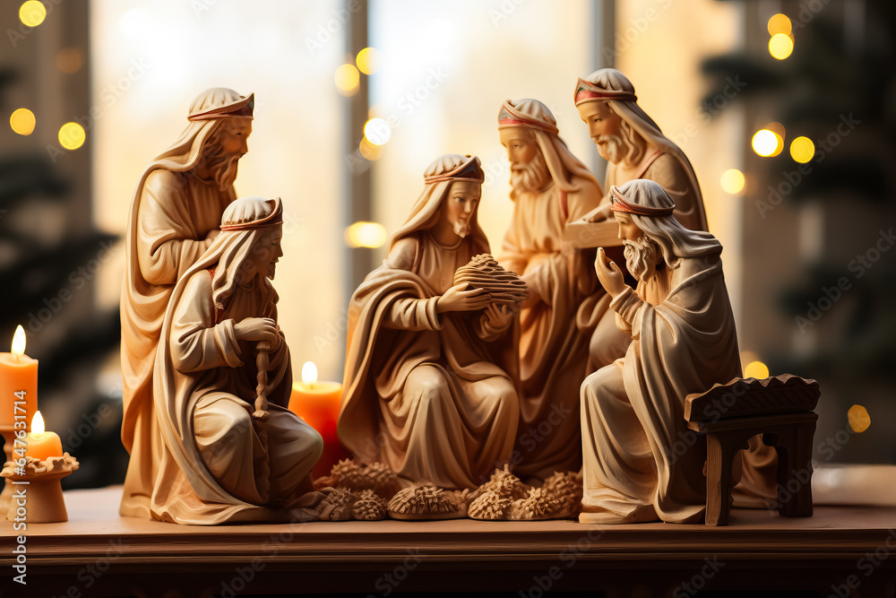 Depiction of a nativity set with hand carved wooden figurines enacting