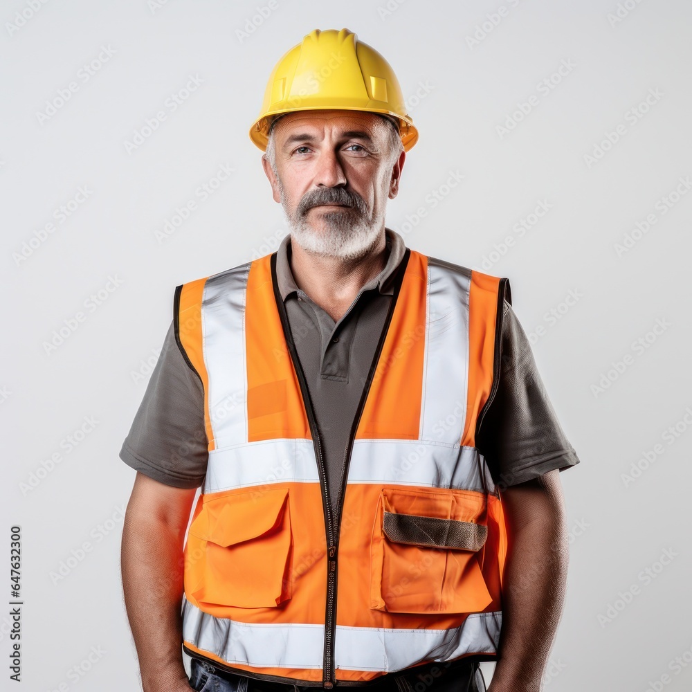 Portrait of a senior constructor worker in a work helmet standing looking at the camera. Portrait of a senior constructor worker in a work helmet standing looking at the camera.