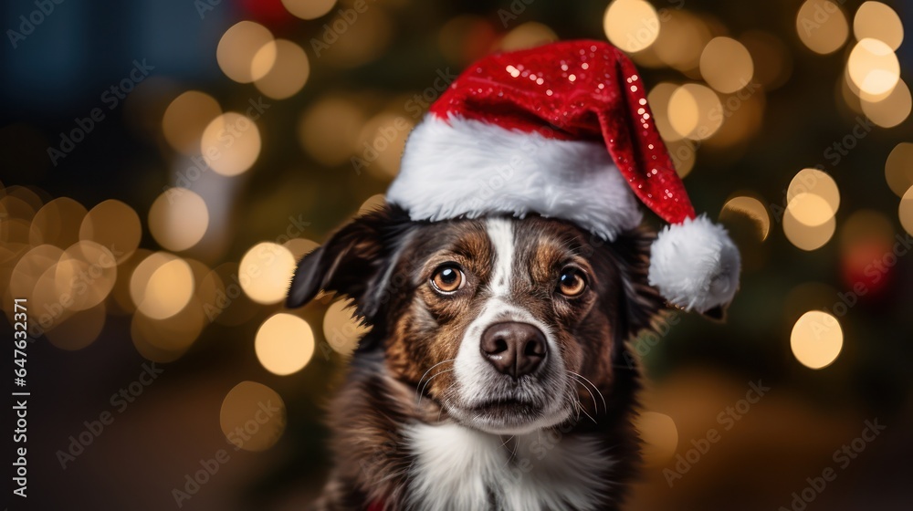 Close-up portrait of a cute dog in a red Santa Claus hat among burning lights on the background of a winter snowy landscape. New year party. Snowflakes in the air.