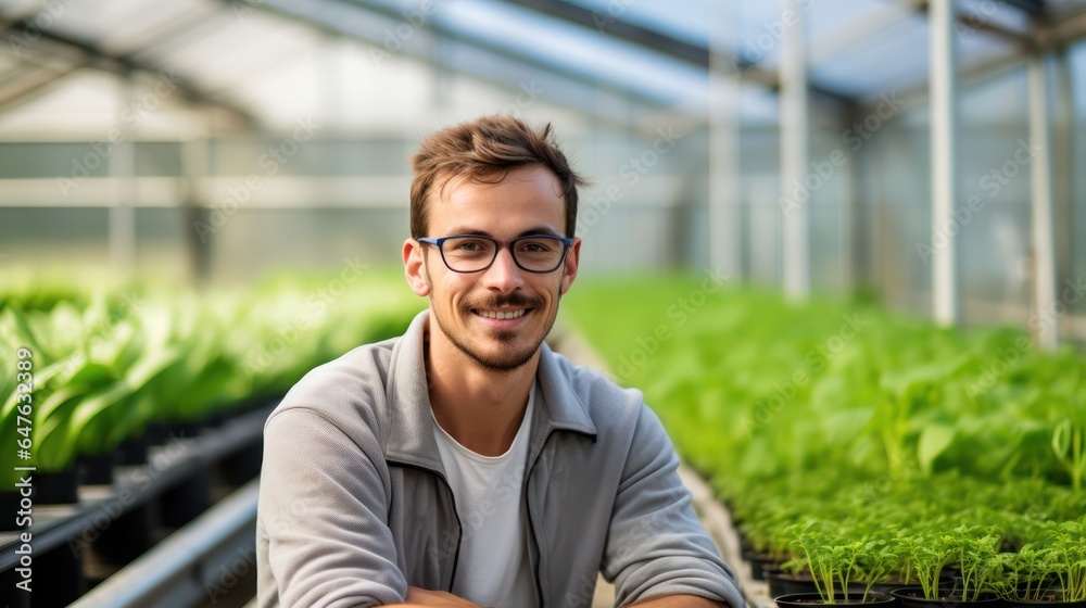 Portrait of a handsome smiling worker in uniform standing in the greenhouse with a green plantation in the background. Portrait of a handsome smiling worker in uniform standing in the greenhouse with a green plantation in the background.