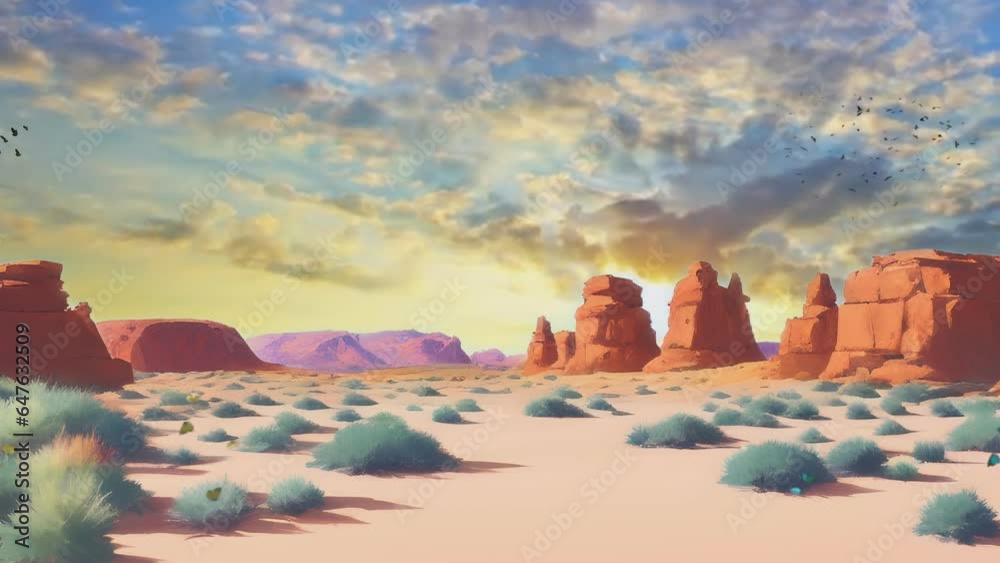 Panorama of west county desert nature and beautiful sky. Cartoon or anime illustration style. seamless looping 4K time-lapse virtual video animation background.