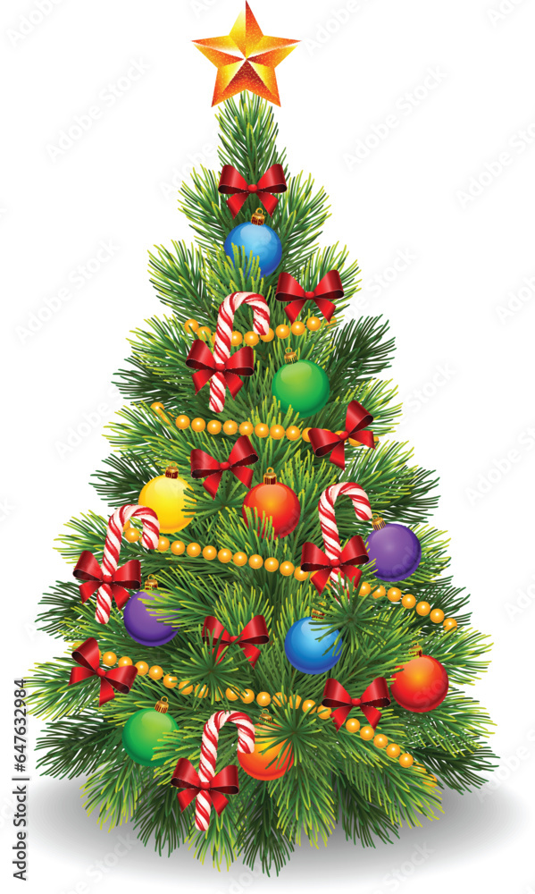 Christmas Tree with Colorful Ornaments Isolated on White Background - Detailed Colored Illustration for Your Merry Christmas Greeting, Vector