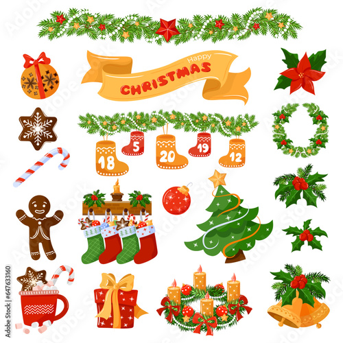 Christmas Symbols big set. Christmas elements. Colorful christmas icon isolated on white background. Traditional Xmas attributes. Gift box, jingle bell, flower, warm socks, flower Vector illustration.