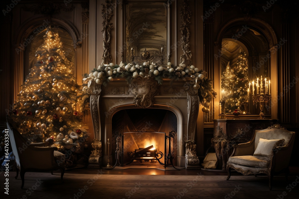 Cozy Christmas, Festive Living Room with Fireplace and Decorated Tree