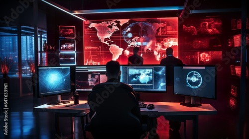 Red alert in cybersecurity office defending hacker attack
