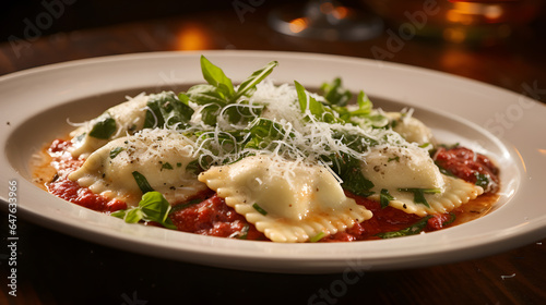 Witness the rustic Italian charm of a pasta dish. The photography captures handmade ravioli, stuffed with ricotta and spinach, served atop a bed of tomato sauce, and garnished with fresh basil.