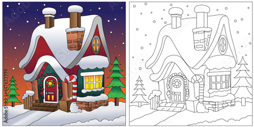Fun coloring page of a Christmas Stocking filled with presents and candy. Very easy to color.  Coloring page for kids.  Simple coloring page.  Colored Clipart, Xmas card, banner, poster design