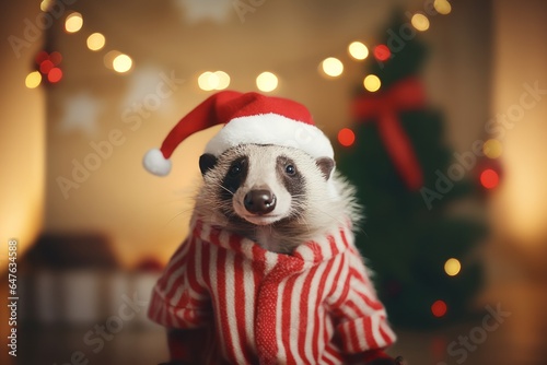 Wild Raccoon animal posing in christmas costume for new year. Funny scene with racoon celebrate xmas at home. Festive atmosphere.