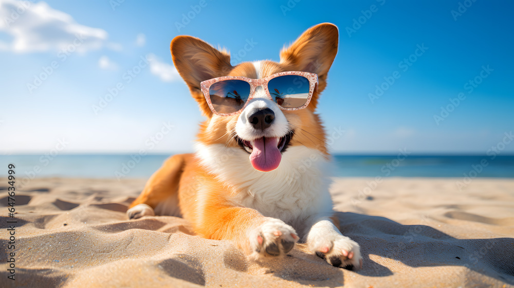 A corgi dog, wearing sunglasses, lies on the sand by the ocean during a summer vacation. A corgi dog, wearing sunglasses, lies on the sand by the ocean during a summer vacation.