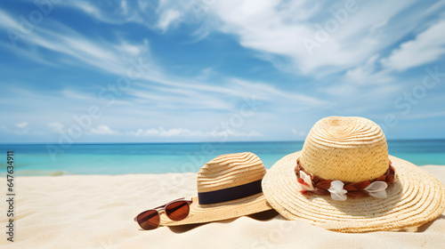 The concept of a summer vacation  two straw hats and sunglasses on the sand by the sea.