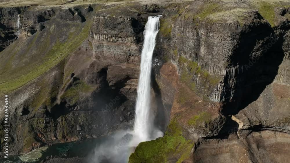 Aerial of Haifoss waterfall at sunrise in Iceland during summer Aerial of Haifoss waterfall at sunrise in Iceland during summer