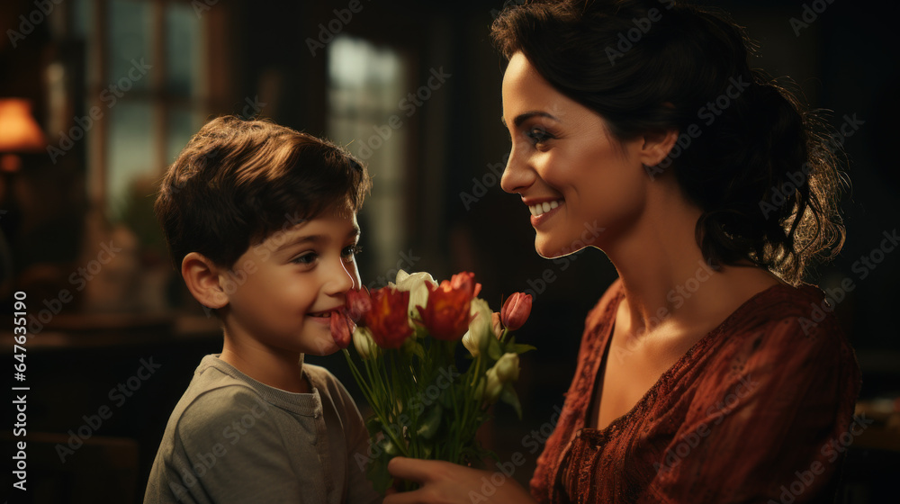 Son with a bouquet of flowers congratulates mom on her birthday and mother's day Son with a bouquet of flowers congratulates mom on her birthday and mother's day