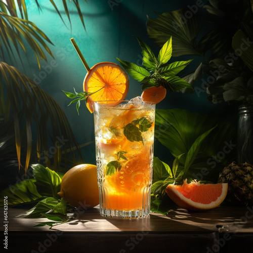 Fotografia de vaso de cirstal con coctel tropical con tonos anaranjados, hojas verdes y luz natural photo