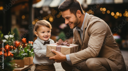Son with a gift tied tape congratulates dad on his birthday and father's day