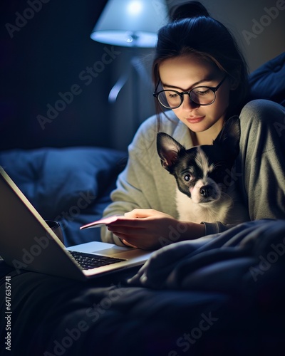 Cinematic Portrait of Woman with Dog Using Laptop in Bed. Generative AI © Dangubic