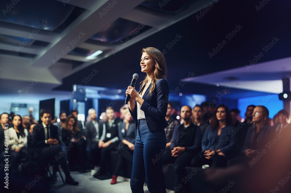 Photo of young woman on stage with speech - obrazy, fototapety, plakaty 