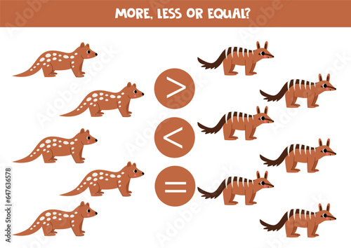 More, less or equal with cartoon Australian animals. Numbat and tiger quoll.