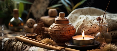 Boho style spa and aromatherapy items nut skin diffuser on a wicker napkin accompanied by chopsticks