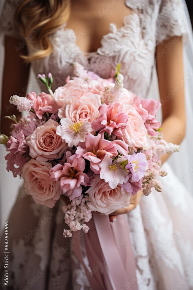 Close-up of a beautiful brides stunning floral wedding bouquet details Close-up of a beautiful brides stunning floral wedding bouquet details
