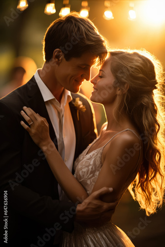 Bride and grooms first dance bathed in golden light eyes locked in endless love