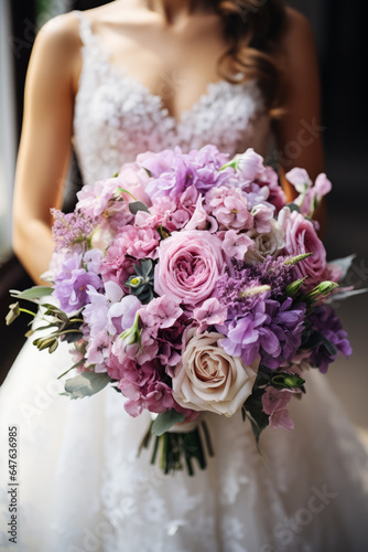 Close-up of a beautiful brides stunning floral wedding bouquet details 