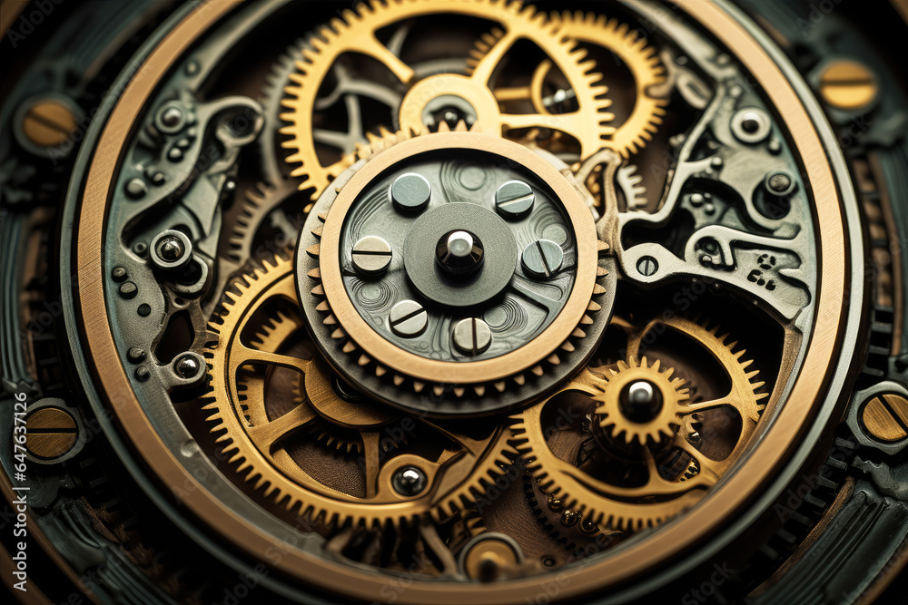 Elegant retro clockwork mechanism with cogs and gears close-up