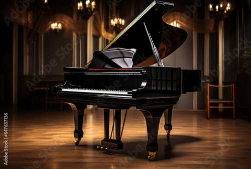 Vintage grand piano in classical palace ballroom