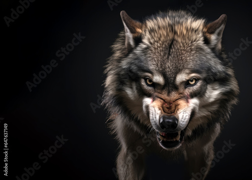 Angry grey wolf portrait on black with copy-space