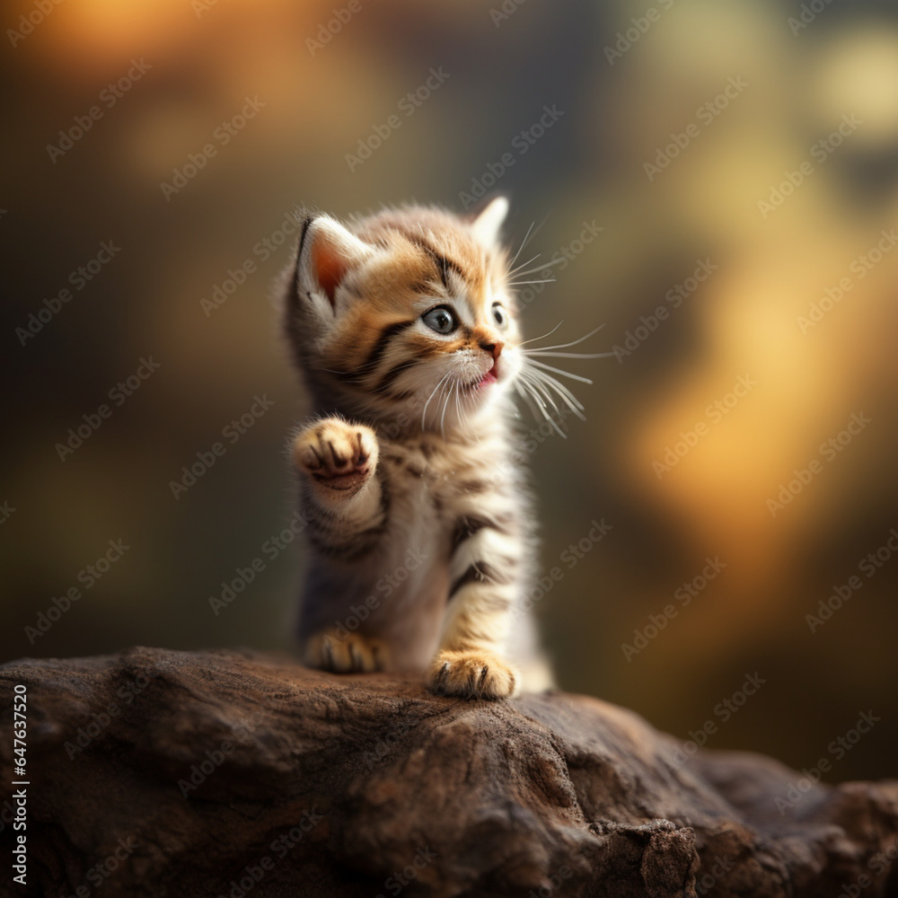 Fotografia de adorable pequeño gatito con una patita levantada en pose graciosa