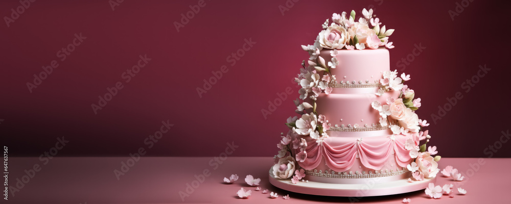 Three-tier elegant wedding cake with delicate edible decorations isolated on a pink gradient background Three-tier elegant wedding cake with delicate edible decorations isolated on a pink gradient background