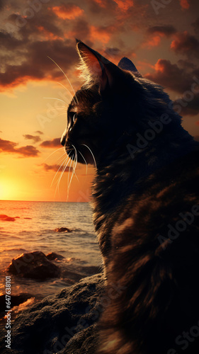 Cat in the beach. Close up. Sunset background. 