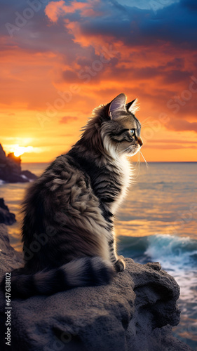 Cat in the beach. Close up. Sunset background. 