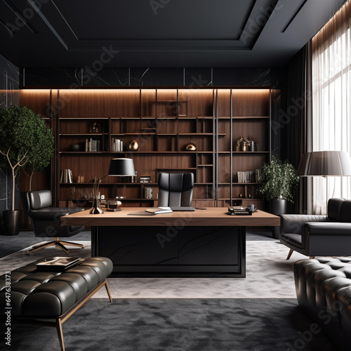 Fotografia de despacho con madera y tonos marrones y negros, con estetica sobria y entrada de luz natural photo